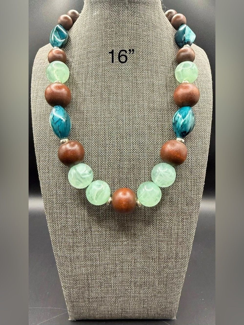 137. Boho Earthy Wooden Spheres & Seafoam Green Resin Bead Choker Necklace